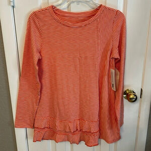 Soft Surroundings Women’s (XS) Cora Pima Tee Ember Glow Stripe Ruffle Hem Top